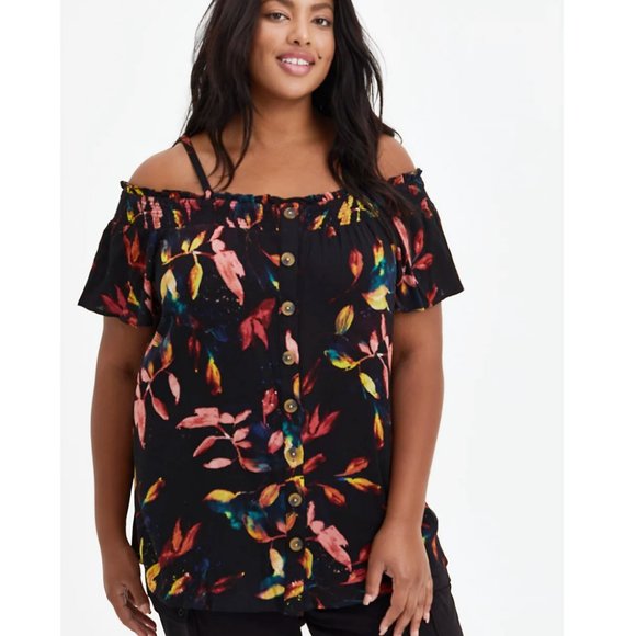 torrid Tops - Torrid 4 Smocked Cold-Shoulder Blouse - Gauze Leaf Black 4X 26